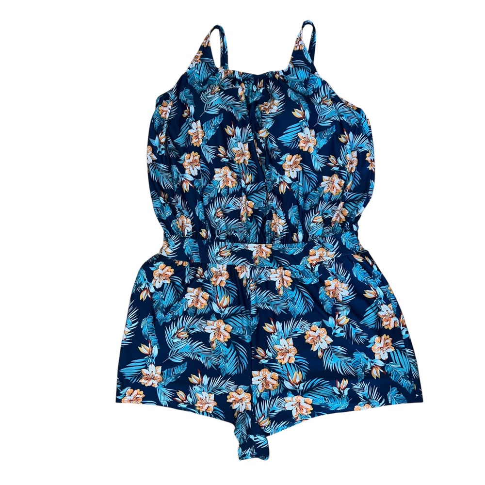 Bloomchic Tropical Floral Print Swim Romper Blue One Piece Swimsuit Pockets 22